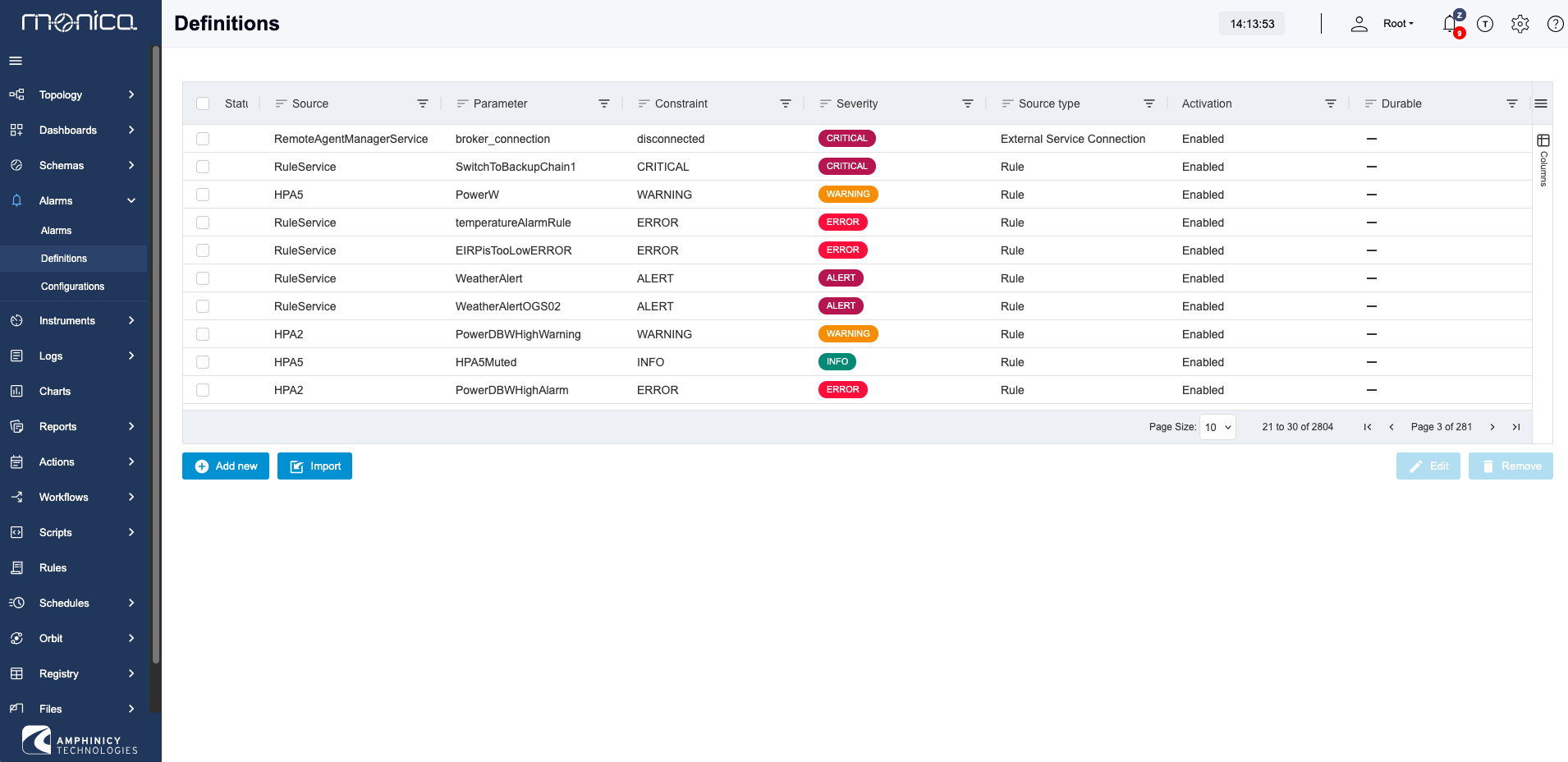 Monica M&C v8 - Alarm Definitions Screen