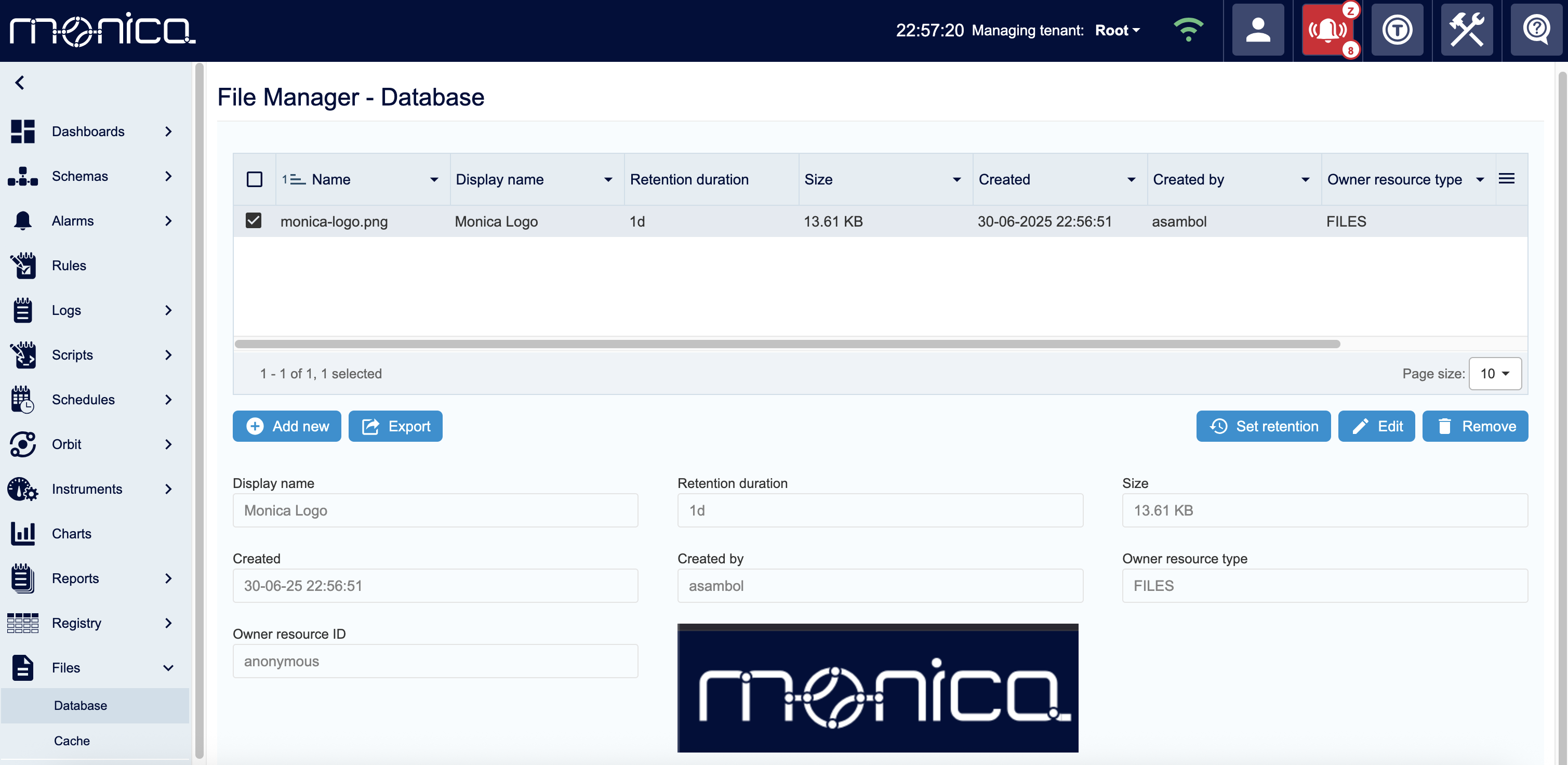File Manager screen in Monica